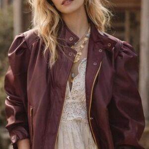Burgundy leather jacket with puffy sleeves #leatherjacket #puffysleeves